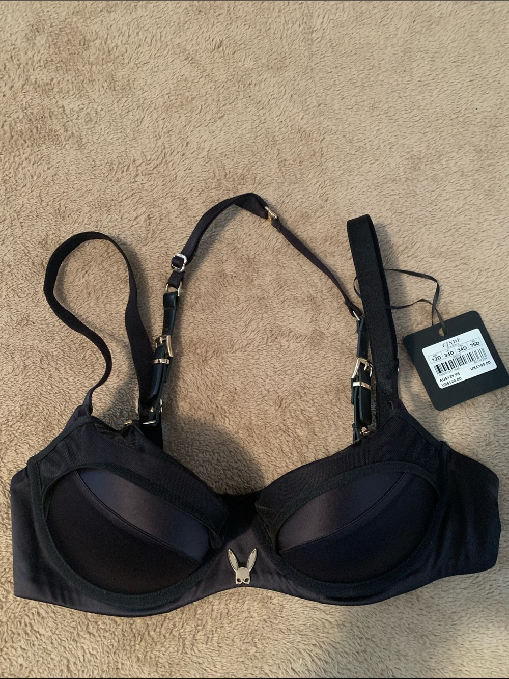 Honey Birdette Black Cindy Bra with Gold Accent Size 34D